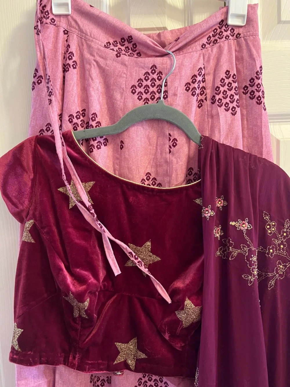 Burgundy and Pink Embroidered Lehenga Set - Picture 4 of 7